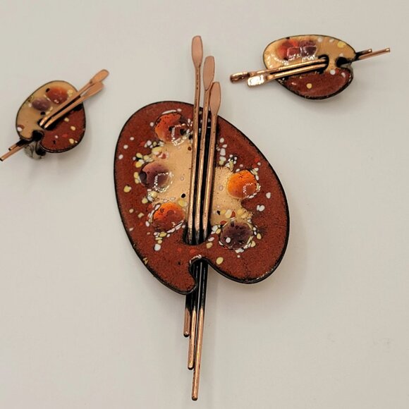 Vintage Signed Matisse Artist Palette Brooch and Clip-on Earring Set - Picture 2 of 10